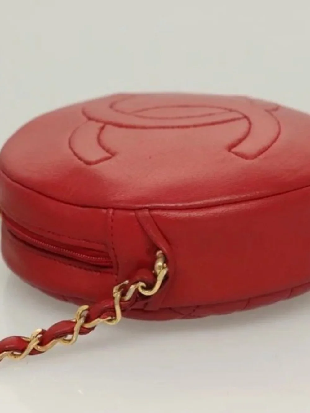 CHANEL Chain Shoulder Bag Lamb Skin Red Gold CC Auth 127505
